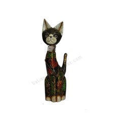 Wooden Cat Black Golden Flower Springs Neck 35 cm