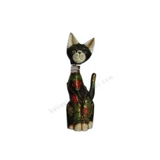 Wooden Cat Black Golden Flower Springs Neck 30 cm