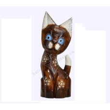 Wooden Dwarf Cat Natural Brown Carved Flower 35 cm