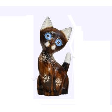 Wooden Dwarf Cat Natural Brown Carved Flower 30 cm