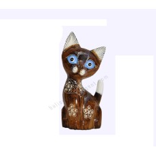 Wooden Dwarf Cat Natural Brown Carved Flower 25 cm