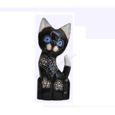 Wooden Dwarf Cat Black White Carved Flower 30 cm