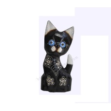 Wooden Dwarf Cat Black White Carved Flower 25 cm