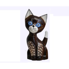 Wooden Dwarf Cat Dark Brown White Carved 35 cm