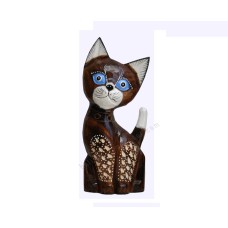 Wooden Dwarf Cat Dark Brown White Carved 30 cm