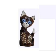 Wooden Dwarf Cat Dark Brown White Carved 25 cm