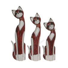 Wooden Cat Painted White Red Rope Neck Set of 3 Large