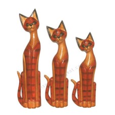 Wooden Cat Brown Red Stripe Black Set of 3 Medium