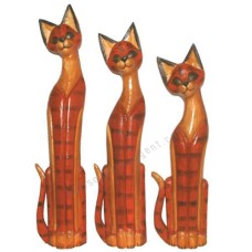 Wooden Cat Brown Red Black Stripe Set of 3 Large