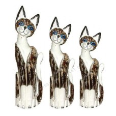 Wooden Cat Painted White Brown Wash Set of 3 Large