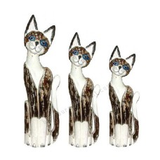 Wooden Cat White Brown Wash Painted Set of 3 Medium