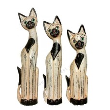 Wooden Cat Antique White Black Painted Set of 3