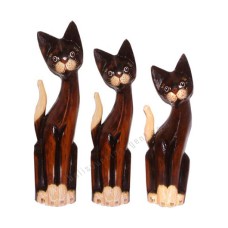 Wooden Cat Antique Brown White Painted Set of 3