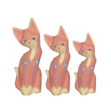 Wooden Cat Orange Red Painted Flower Set of 3