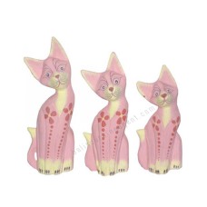 Wooden Cat Pink Painted Red Flower Set of 3