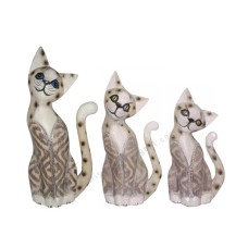 Wooden Cat Brown Burnt White Wash Set of 3