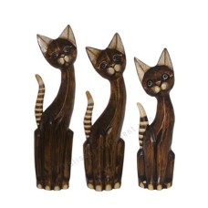 Wooden Cat Brown Antique Striped Tail Set of 3 Medium