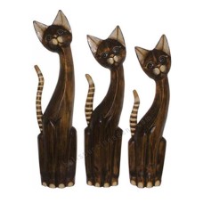 Wooden Cat Antique Brown Striped Tail Set of 3 Large