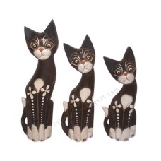 Wooden Cat Painted Brown White Flower Set of 3