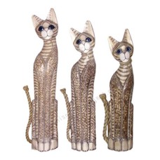 Wooden Cat Brown Burnt Motif Rope Tail Set of 3