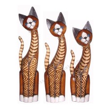 Wooden Cat Brown Burnt White Striped Set of 3