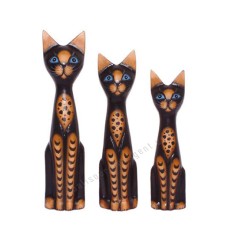 Wooden Cat Sitting Black Brown Stripes Small Set of 3