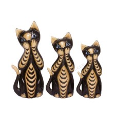 Wooden Cat Painted Black Brown Closed Mouth Set of 3