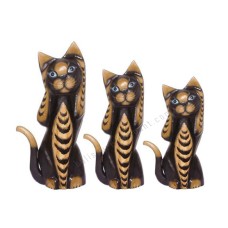 Wooden Cat Painted Black Brown Closed Ears Set of 3