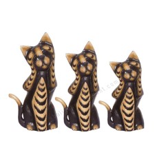 Wooden Cat Painted Black Brown Closed Eyes Set of 3