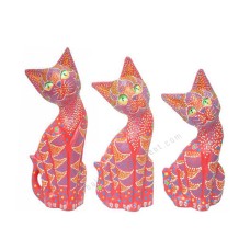 Wooden Cat Red Orange Dots Painted Set of 3