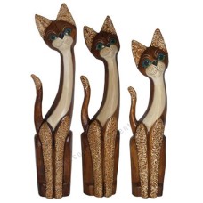 Wooden Cat Brown Painted White Carved Set of 3