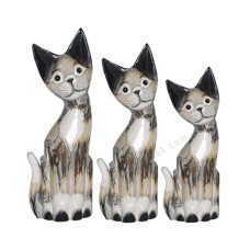 Wooden Cat Black White Wash Painted Set of 3