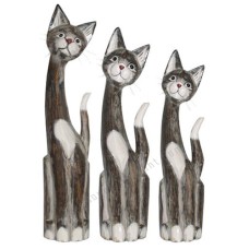 Wooden Cat Painted Grey White Wash Set of 3