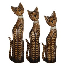 Wooden Cat Brown Carved With Rattan Large Set of 3