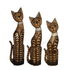 Wooden Cat Brown Carved With Rattan Medium Set of 3