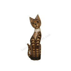 Wooden Cat Brown Carved With Rattan 40 cm