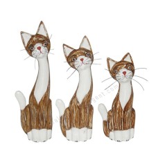 Wooden Cat Mustache White Brown Wash Set of 3