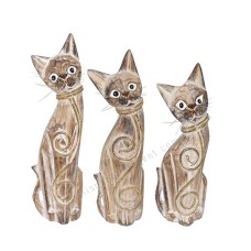 Wooden Cat White Wash Golden Rattan Set of 3