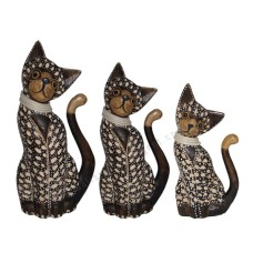 Wooden Cat Dark Brown White Carved With Rattan Set of 3