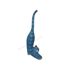 Wooden Mini Cat Stretching Blue Black Stripes 25 cm