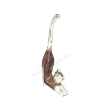 Wooden Mini Cat Stretching Brown White Wash 25 cm