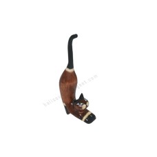 Wooden Mini Cat Stretching Brown Black White 10 cm