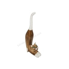 Wooden Mini Cat Stretching Brown White 20 cm