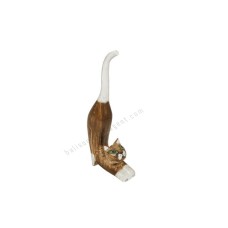 Wooden Mini Cat Stretching Brown White 10 cm