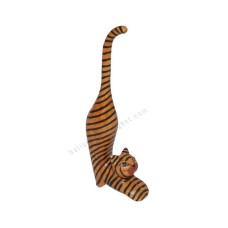 Wooden Mini Cat Stretching Brown Black Stripes 25 cm