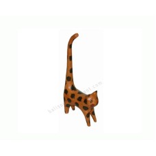 Wooden Mini Cat Long Tail Brown Black Leopard Motif 20 cm