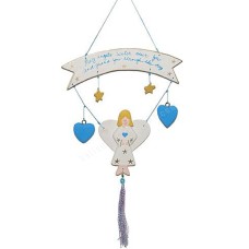 Wooden Hanging White Wash Angel Blue Heart 38 cm