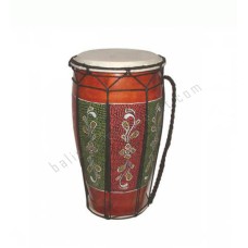 Wooden Drum Brown Green Red White Carving 30 cm