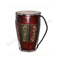 Wooden Drum Dark Brown Green Red Carving 30 cm