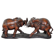 Antique Brown Wooden Two Elephants On Base